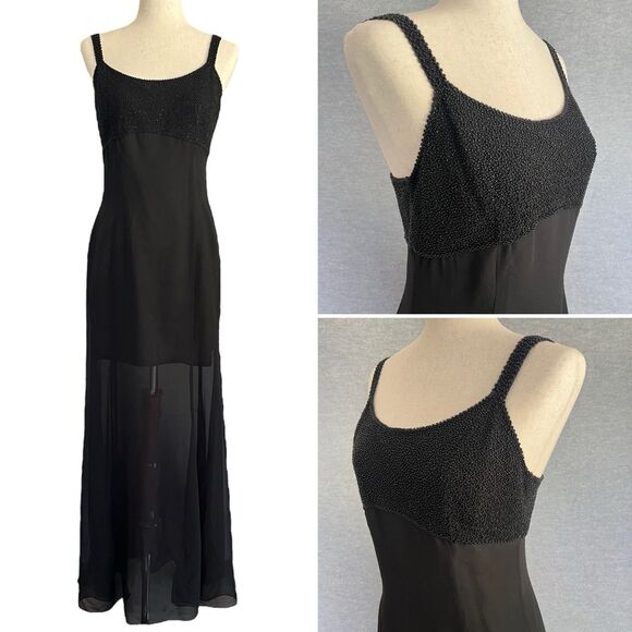 Vintage Cache Beaded Drape Silk Dress Size 8 Black Classic Sheer Dark Fairy Gown - Picture 1 of 13